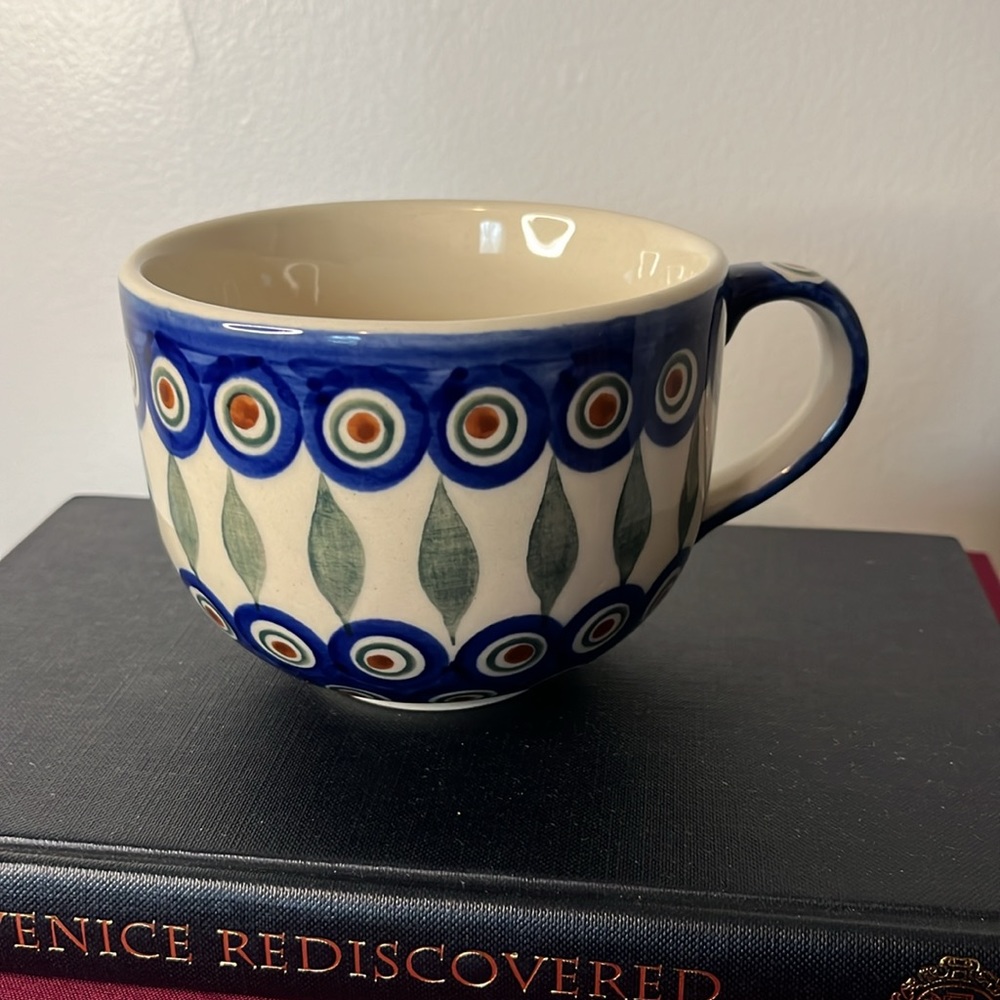 Polish Pottery Boleslawiec Large Latte Mug/Soup Cup in Peacock Pattern 16oz